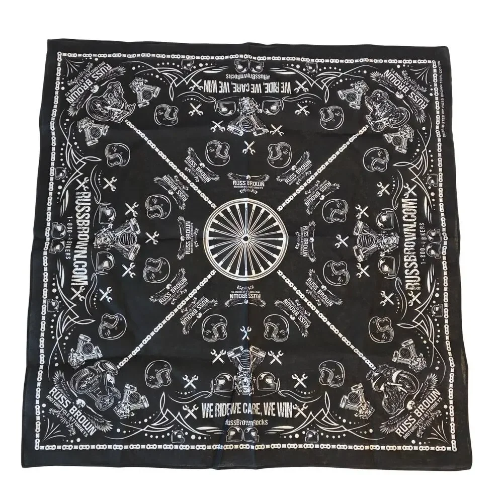 Black Biker Bandana Russ Brown 100% Cotton 21x21